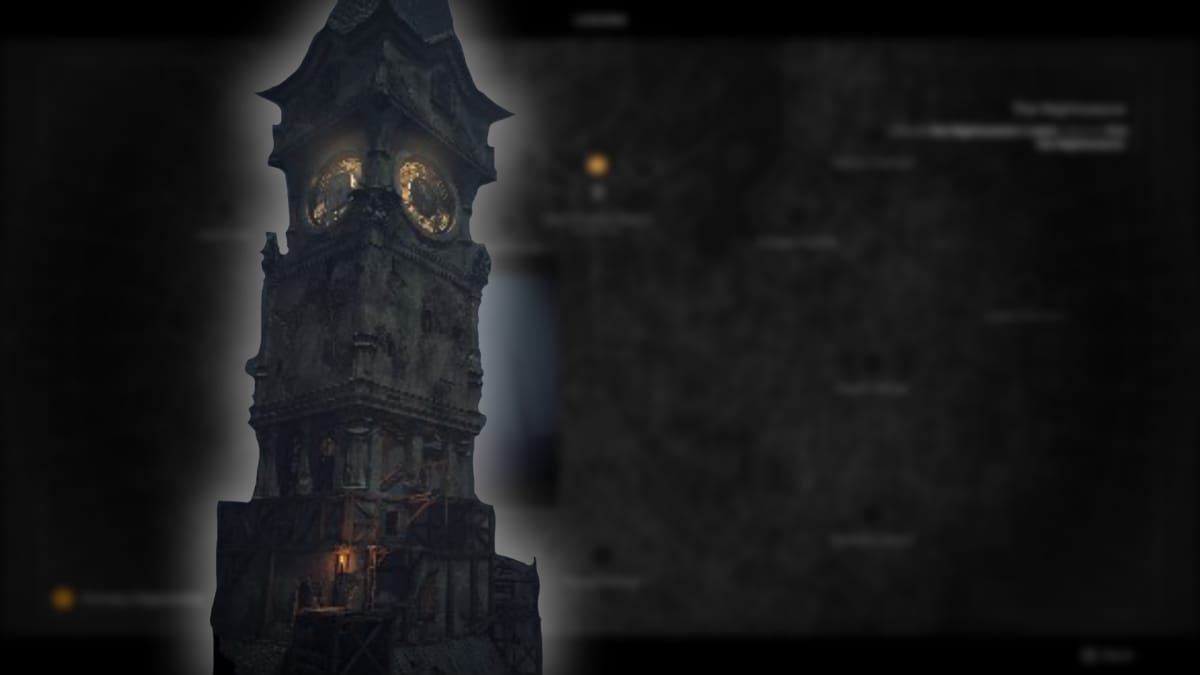 Remnant 2 Artwork depicting a victorian seque clock tower over a blurred screenshot of the Lonsomn map