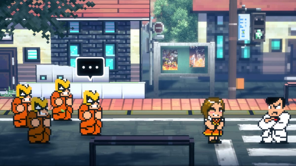 A character in the River City Ransom remake River City: Rival Showdown looking tough while goons grin at him and a girl smiles