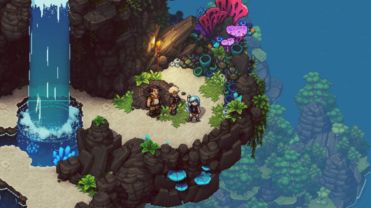 The three main characters standing on a cliffside in Sea of Stars