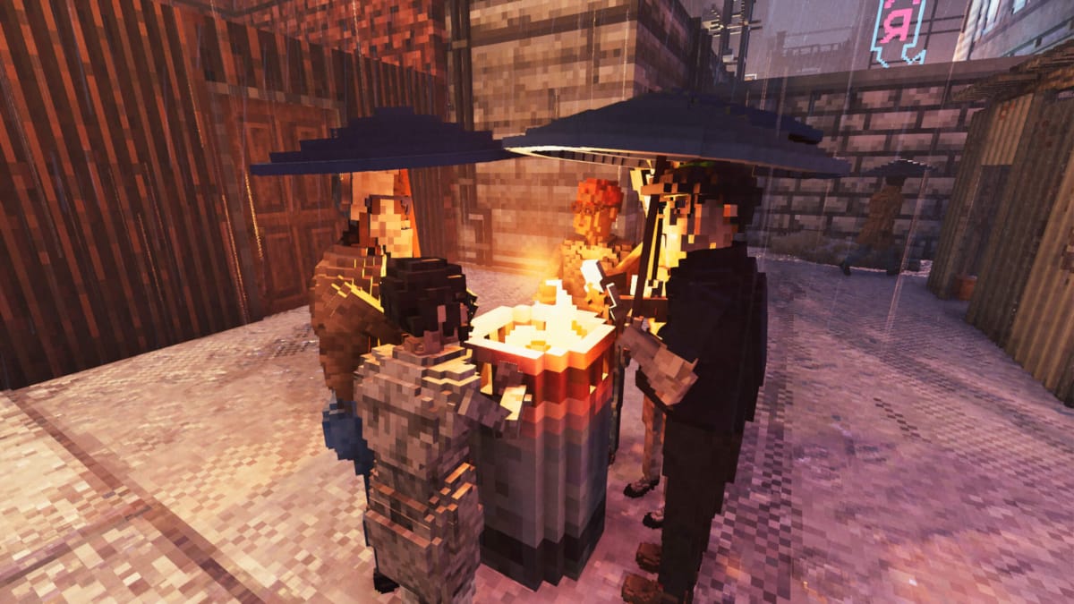 Several voxel people standing around a voxel fire in Shadows of Doubt