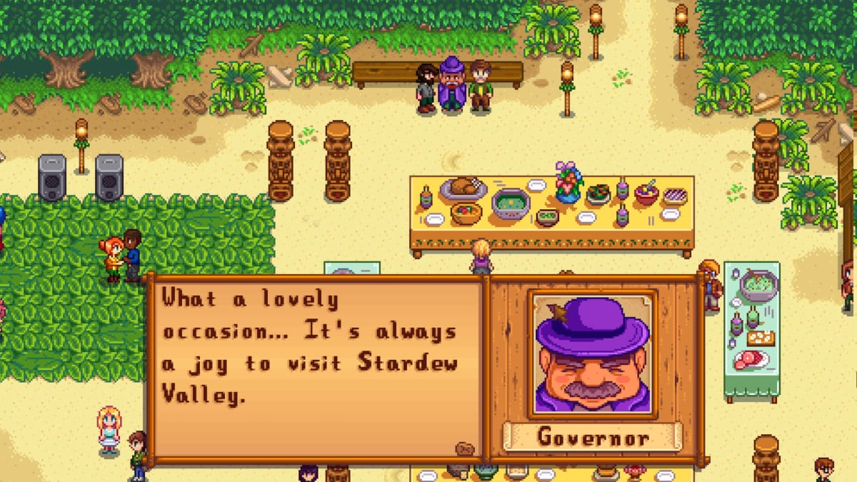 The Governor in Stardew Valley saying "what a lovely occasion...It's always a joy to visit Stardew Valley"