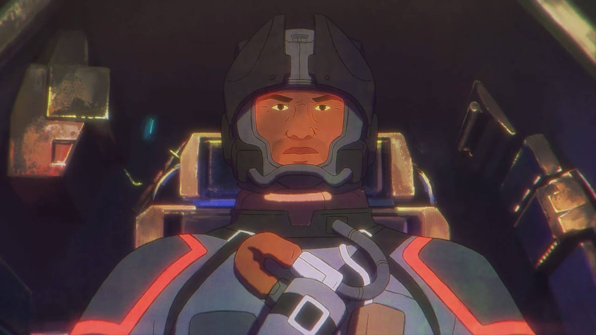 A frontal closeup of Kent the courier pilot in his new UC Vanguard uniform in the animated Starfield trailer Supra Et Ultra