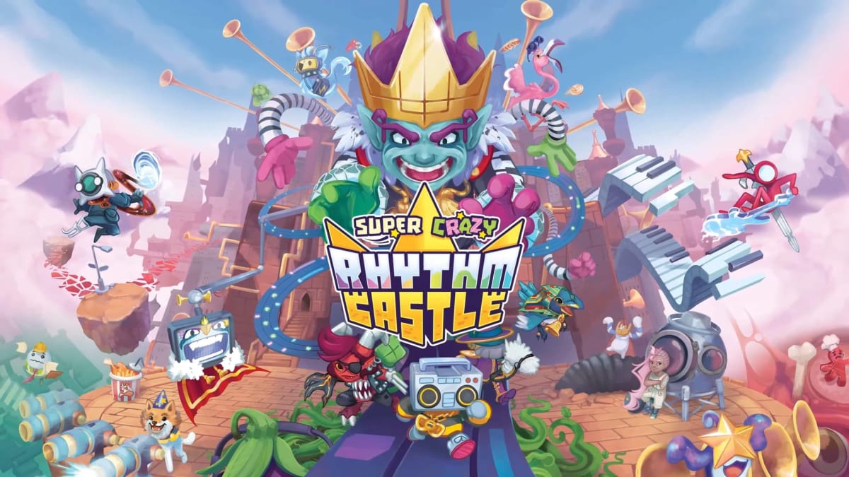 Key art for Super Crazy Rhythm Castle, which shows a hodgepodge of creatures, musical instruments, and other colorful elements
