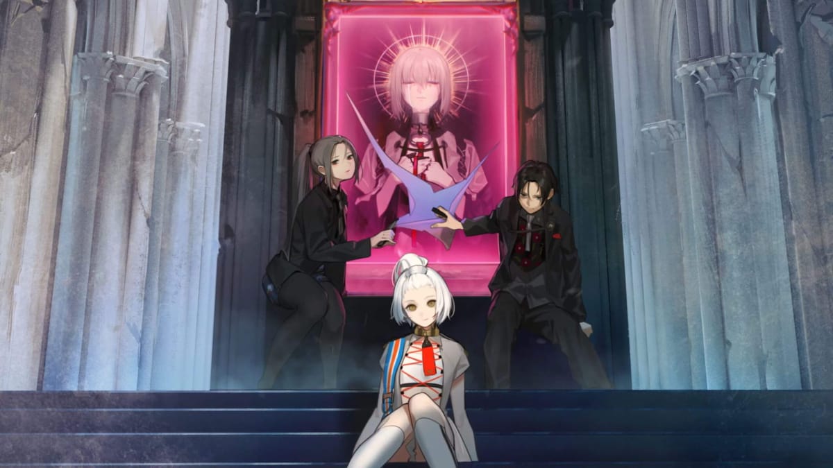 The two potential protagonists and X posing against a portrait backdrop in The Caligula Effect 2