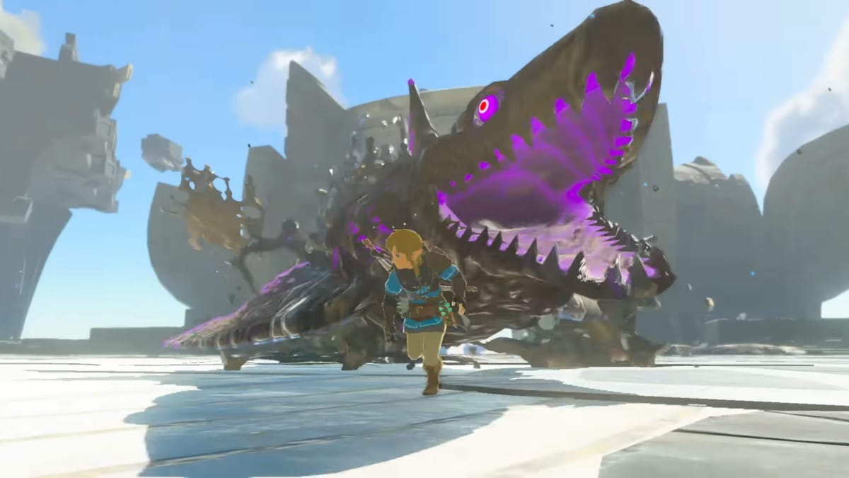 Link running away from a giant crocodile monster in Zelda: Tears of the Kingdom, which has once again dominated UK boxed charts
