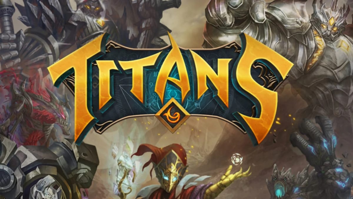 Titans Key Art depicting a mysterious hooded figure with glowing eyes at the bottom, and various coloosul monsters arranged around the edges of the image. The word Titans is written in a stone-like font in the centre. 