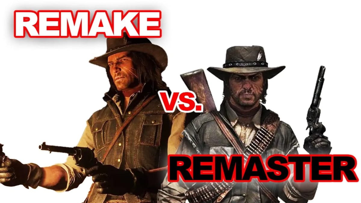 John Marston from Red Dead Redemption 2 vs John from Red Dead Redemption, text reads REMAKE VS REMASTER