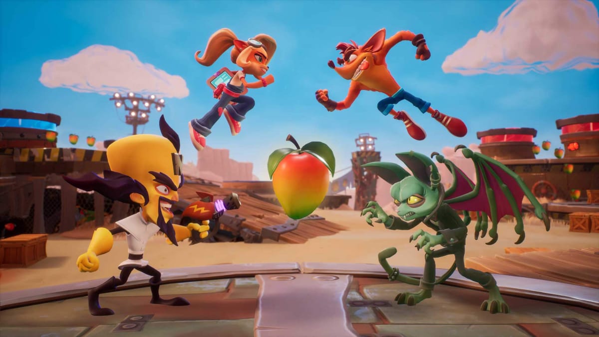 Crash and various other characters leap towards a Wumpa fruit in a sort of visual representation of the UK CMA's "battle" with Microsoft over its Activision merger