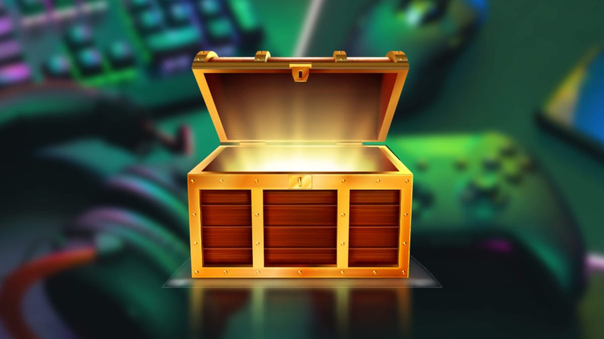 A UK government image of an opening treasure chest against a gaming equipment backdrop, intended to represent loot boxes