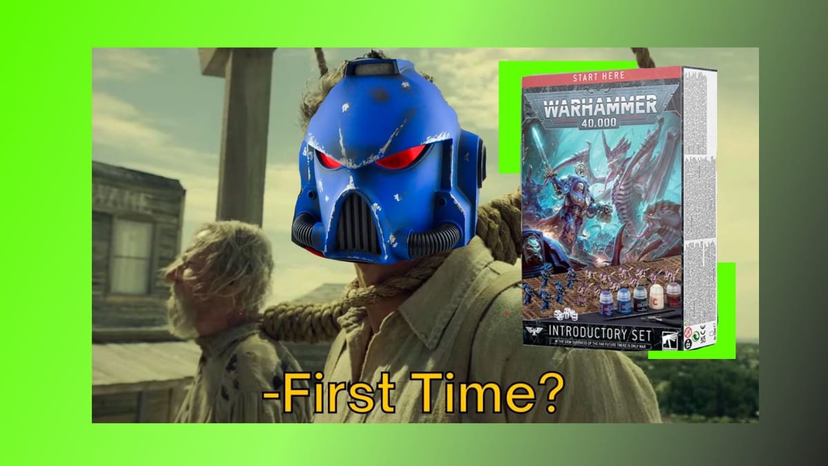 An image of the Warhammer 40K Introductory Set Review alongside a classic meme image of 'First Time?' with a space marine's head overlayed over the actor's.