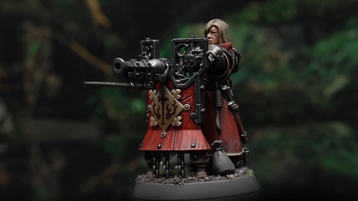 A detailed screenshot of a Freeguild Fusiliers gunner model from the Warhammer: Age of Sigmar Cities of Sigmar army, showing a blonde woman behind cannon-mounted pavis.