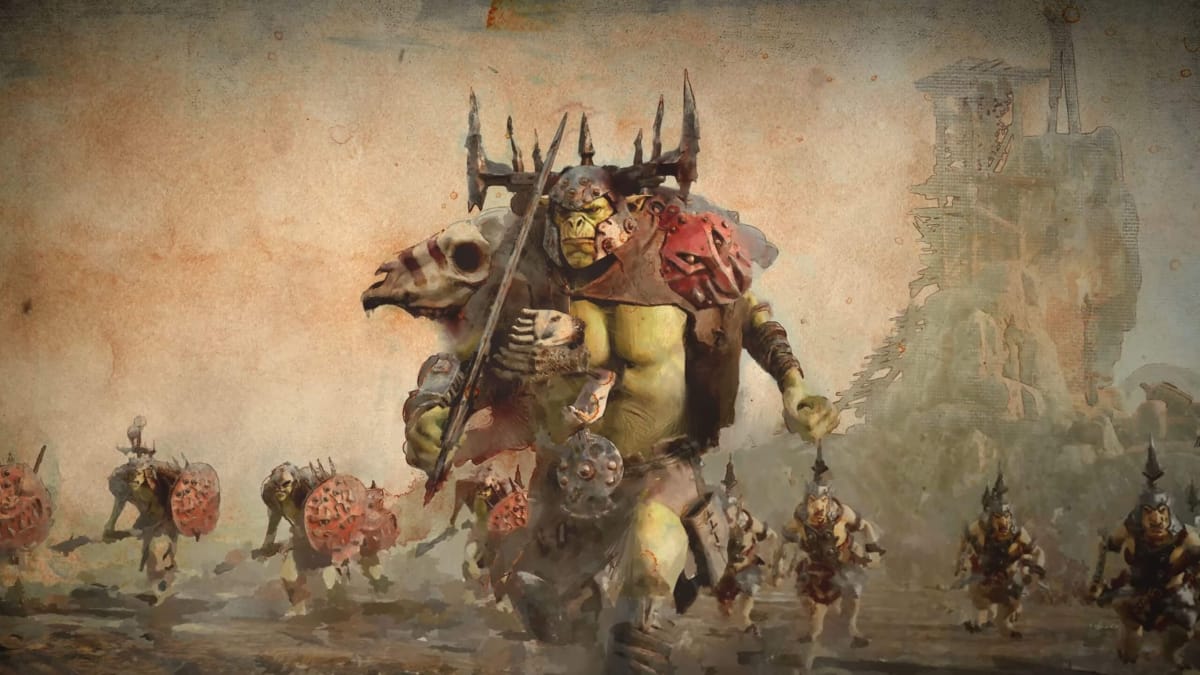 Killaboss Dankfear leading a troupe of Orruks in the new Warhammer Age of Sigmar: Realms of Ruin Faction Focus video