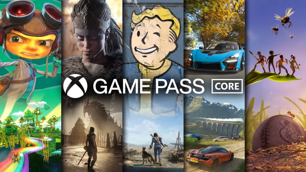 An Xbox Game Pass Core banner advertising Psychonauts, Hellblade: Senua's Sacrifice, Fallout 76, Forza, and Grounded