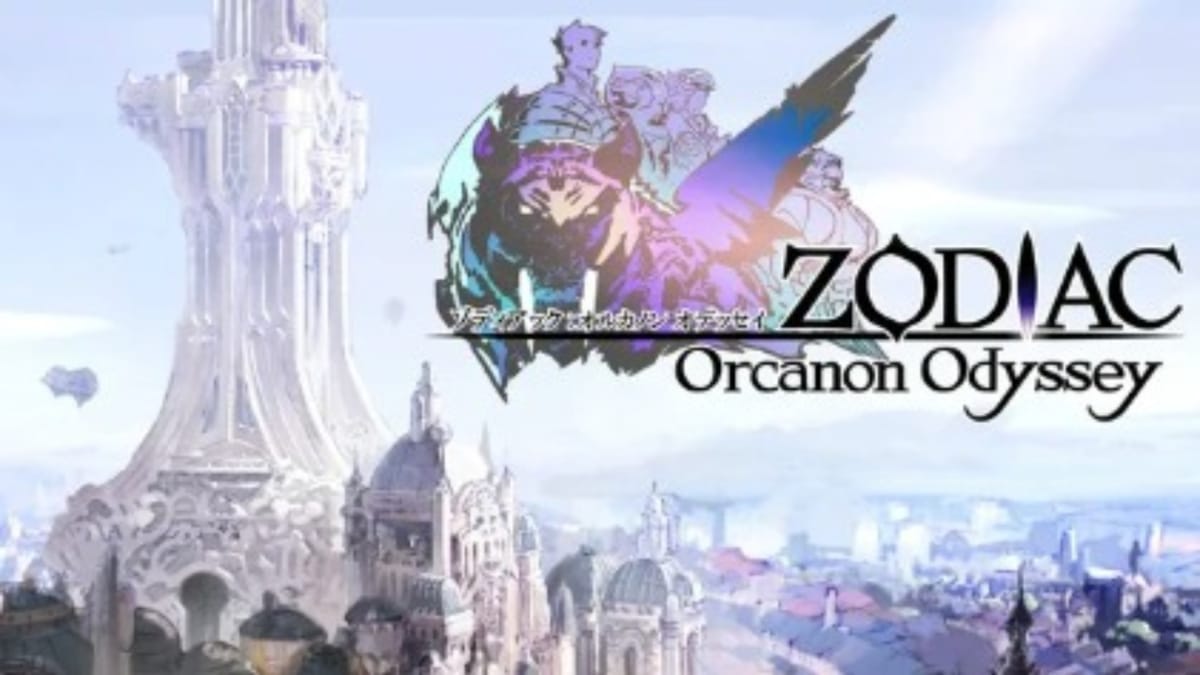 Zodiac Orcanon Odyssey Key Art Showing a futeristic cityscape with many towers and building. At the top right of the frame is a Final Fantasys-style silhouette of the main cast with the title on front. 