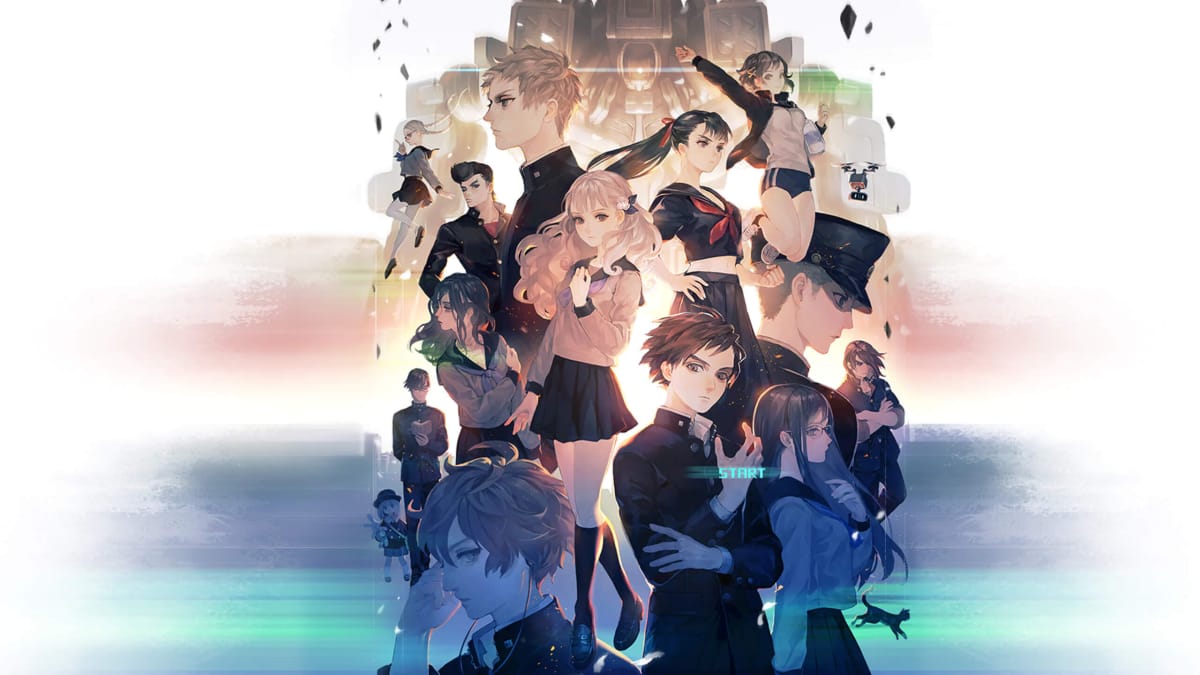 Key art for 13 Sentinels: Aegis Rim, depicting the main characters with a mech looming over them