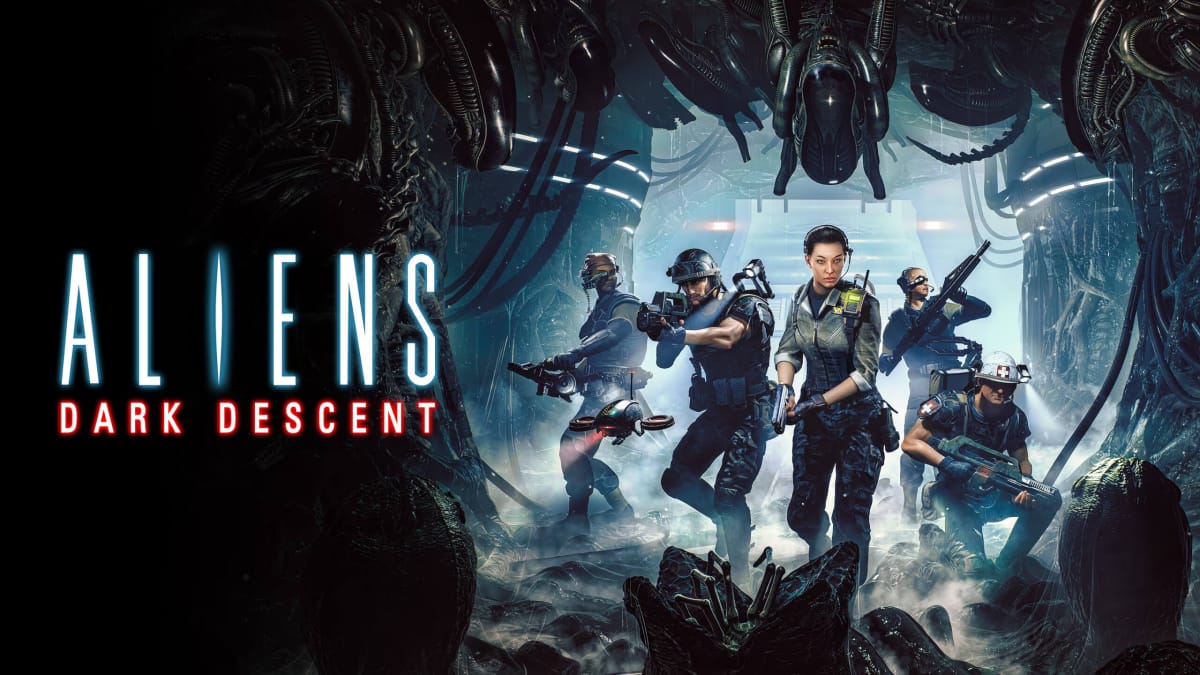 Key art for Aliens: Dark Descent, depicting a squad moving towards the camera alongside the game's logo