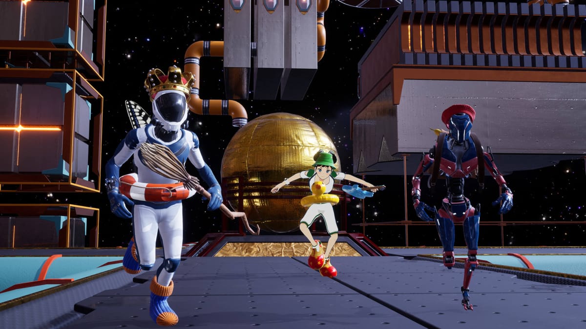 Three players, dressed as a spaceman in a crown, an anime character, and some kind of robot alien, in Astral Tracks