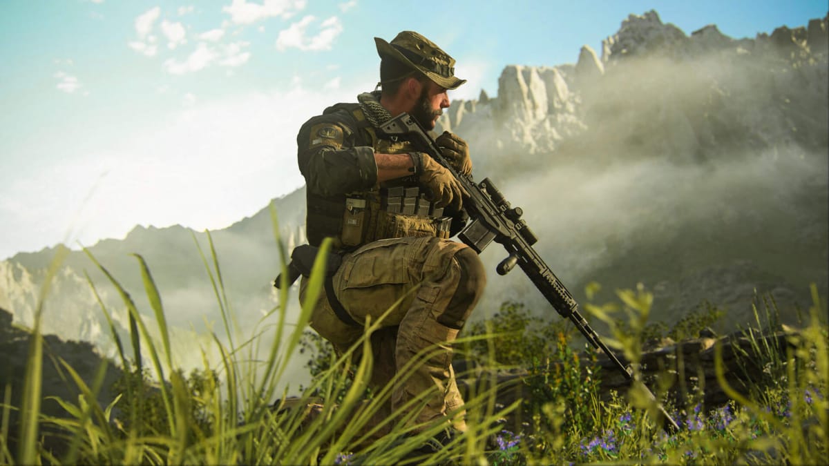 A soldier with a sniper rifle kneeling in a field in the Activision Blizzard game Call of Duty: Modern Warfare III, meant to represent the Microsoft Activision Blizzard merger