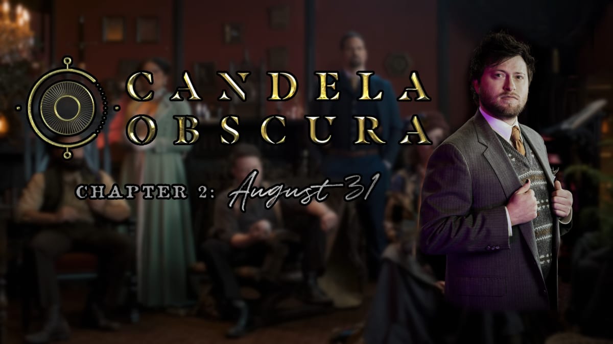 An image of Spenser Starke next to the Candela Obscura logo. A blurry view of the cast sits behind him.