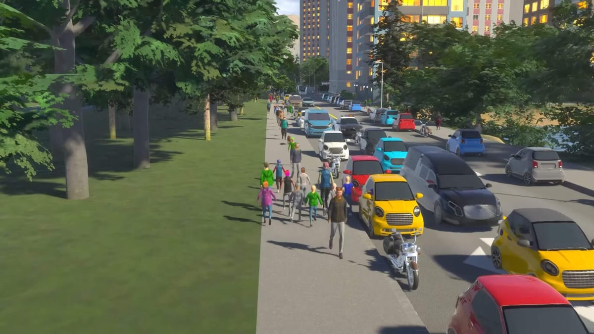 A group of civilians walking through a city in Cities: Skylines 2