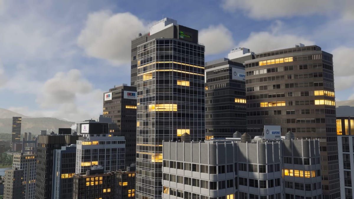 A sophisticated-looking skyline of skyscrapers in Cities: Skylines 2
