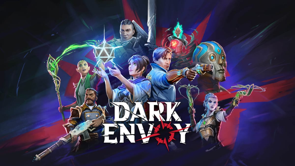 The key art for Dark Envoy, depicting several of its characters wielding various weapons and magical artifacts