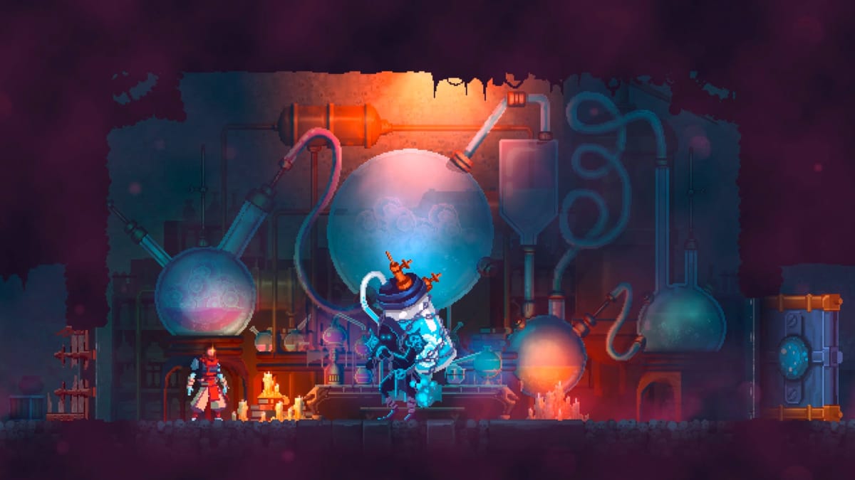 The Collector facing down the main character in the former's lab in Dead Cells