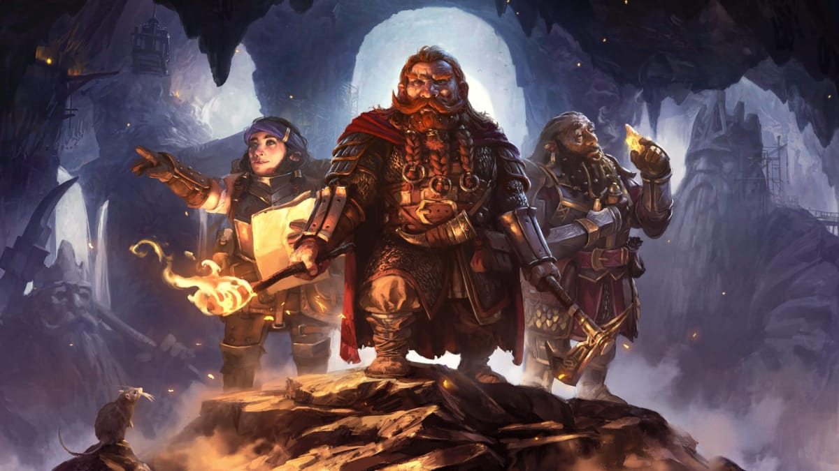 Three dwarves against a backdrop of Moria statues and cave complexes in The Lord of the Rings: Return to Moria, a game owned by Embracer Group