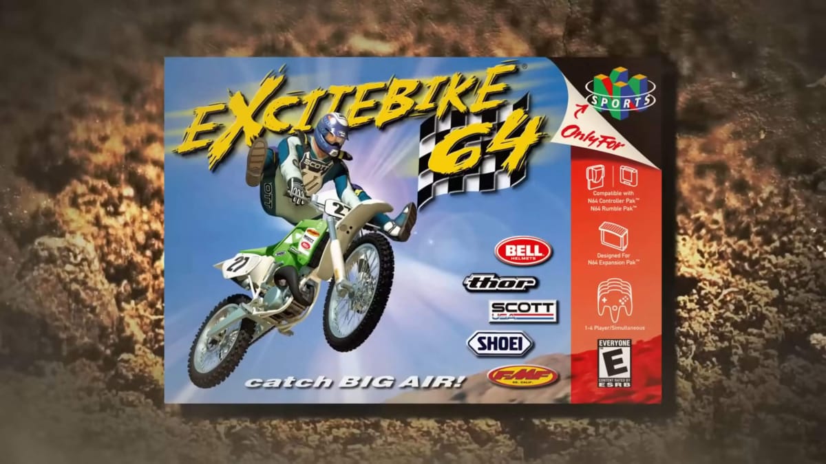 The Nintendo 64 box art for Excitebike 64 against a dirt backdrop, representing the game coming to Nintendo Switch Online