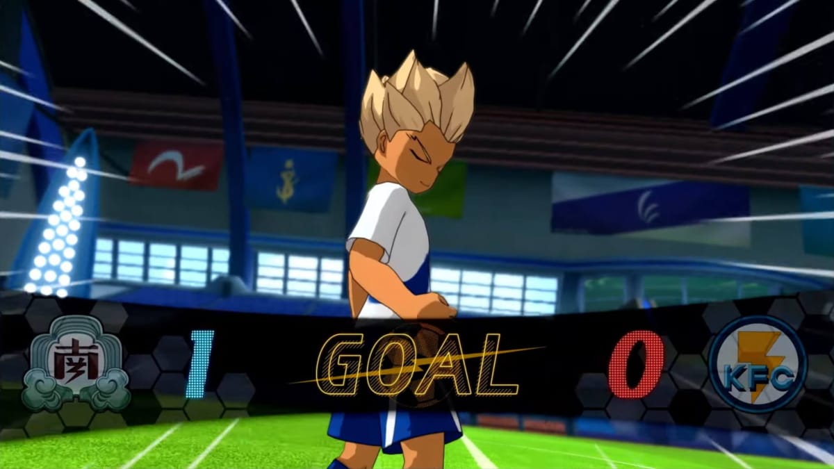 A striker celebrating a goal in the new Inazuma Eleven: Victory Road trailer