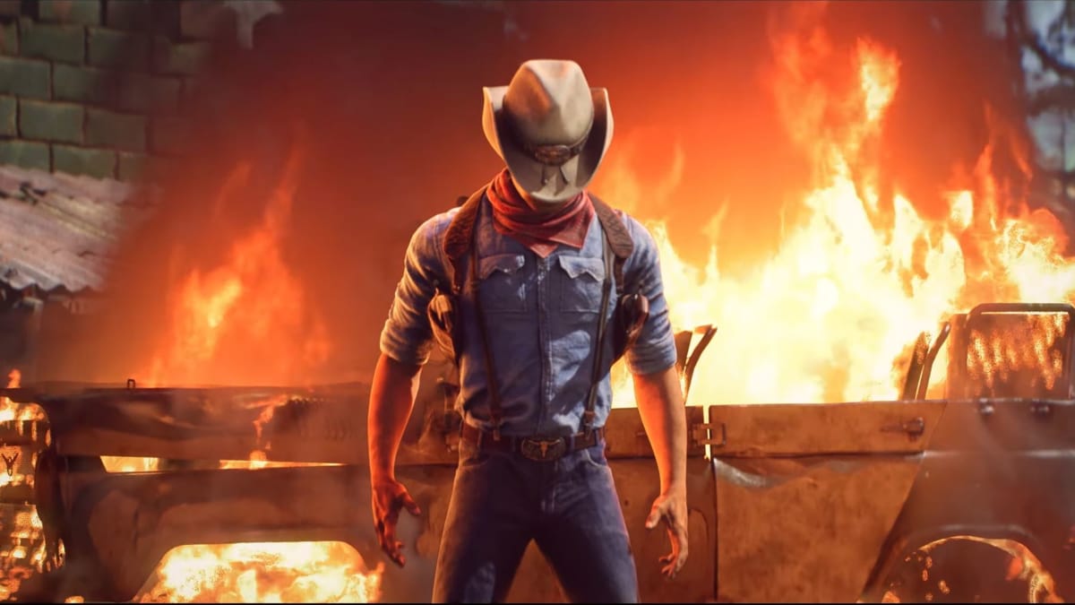 The mercenary Tex standing against a backdrop of a burning vehicle in a Jagged Alliance 3 console release trailer still
