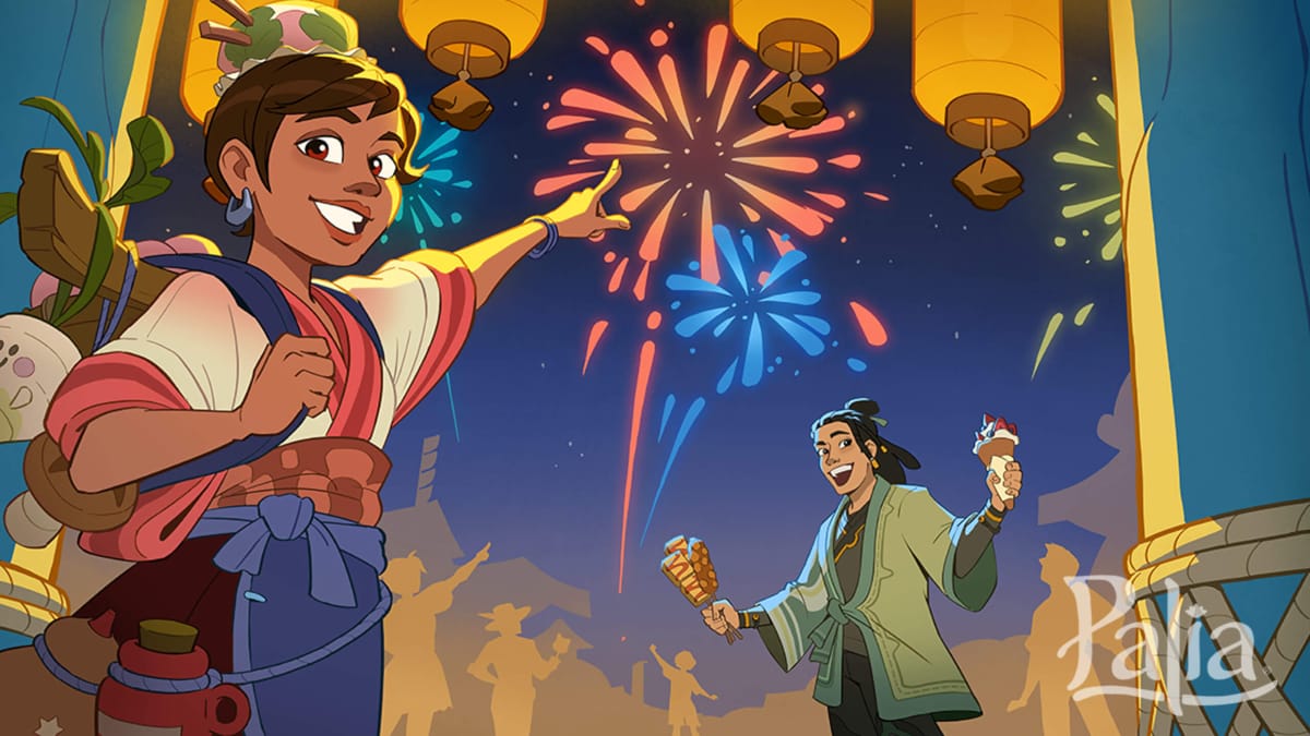 A character in Palia pointing at a fireworks display while another stands in the background holding treats, meant to represent the additions in Palia update 0.167