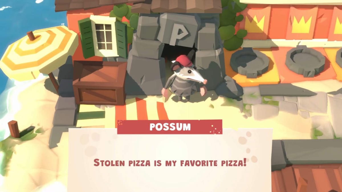 A possum saying "Stolen pizza is my favorite pizza!" in the arcade game Pizza Possum