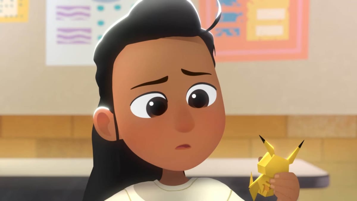 Ava looking in bewilderment at an origami Pikachu note on her lunch tray in Pokemon: Path to the Peak Episode 1
