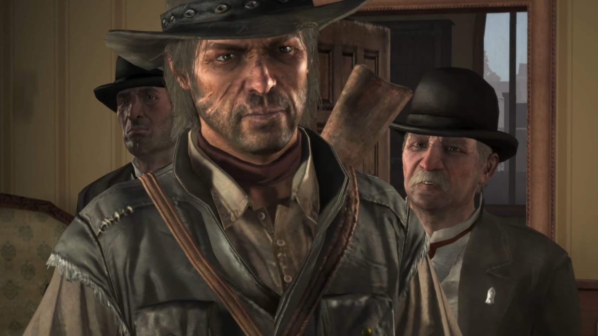 John Marston flanked by a couple of other characters in the Red Dead Redemption PS4 and Switch port