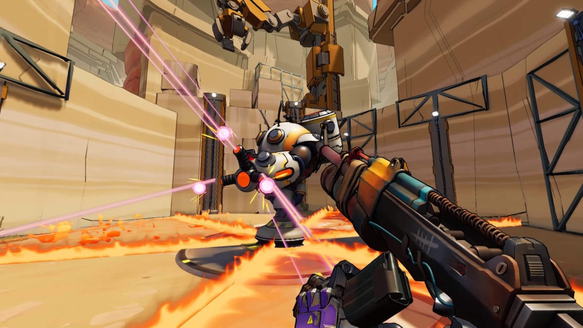 The player reloading their weapon while a giant enemy robot fires at them in Roboquest