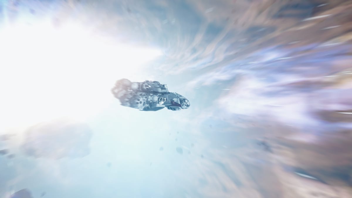 A spaceshipin Starfield travelling at warp speeds.