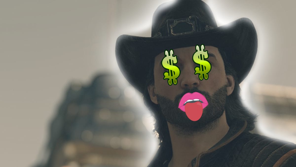 Starfield screenshot of a space cowboy with stock images of dollar signs over his eyes and a cartoon tongue sticking out of his mouth 