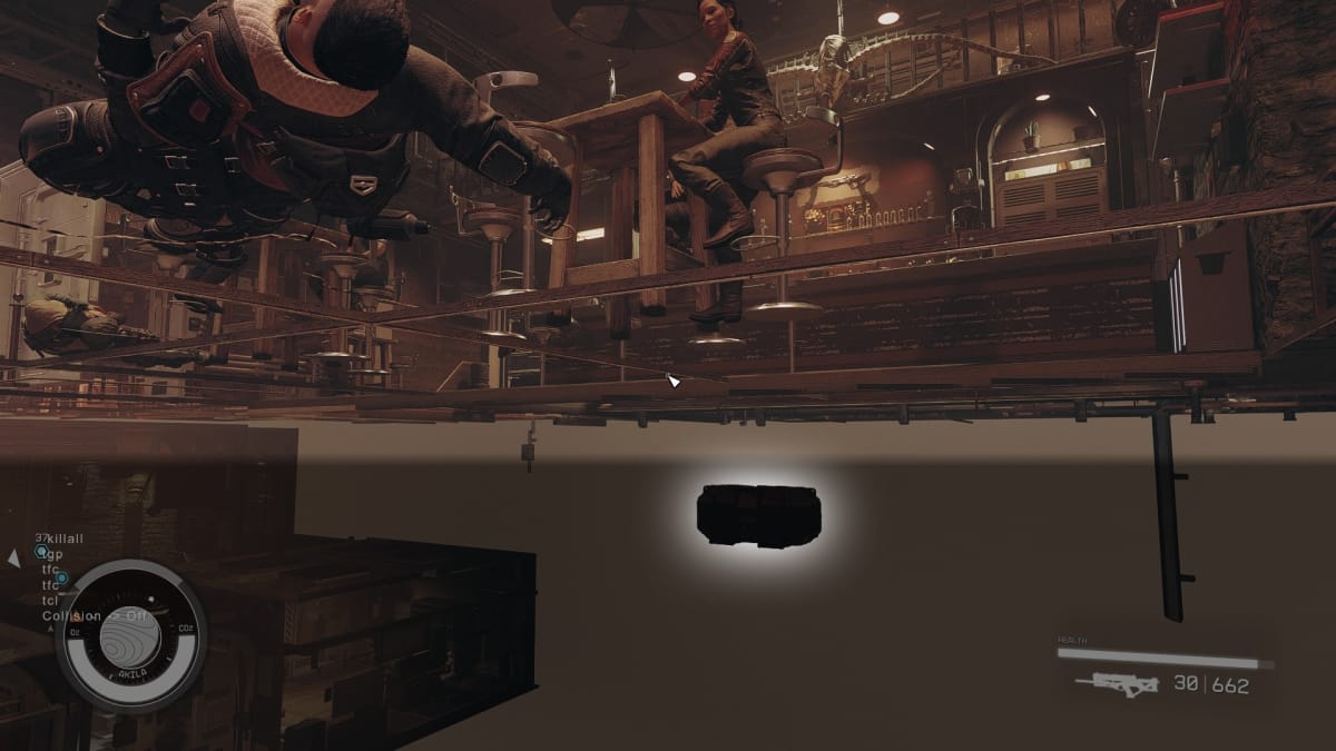 starfield screenshot with the camera half sunk into the floor showing a hidden chest and several bar patrons floating above