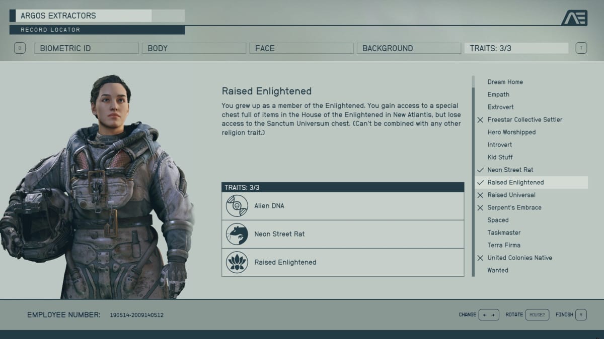 Starfield character creation, showing the Traits menu.