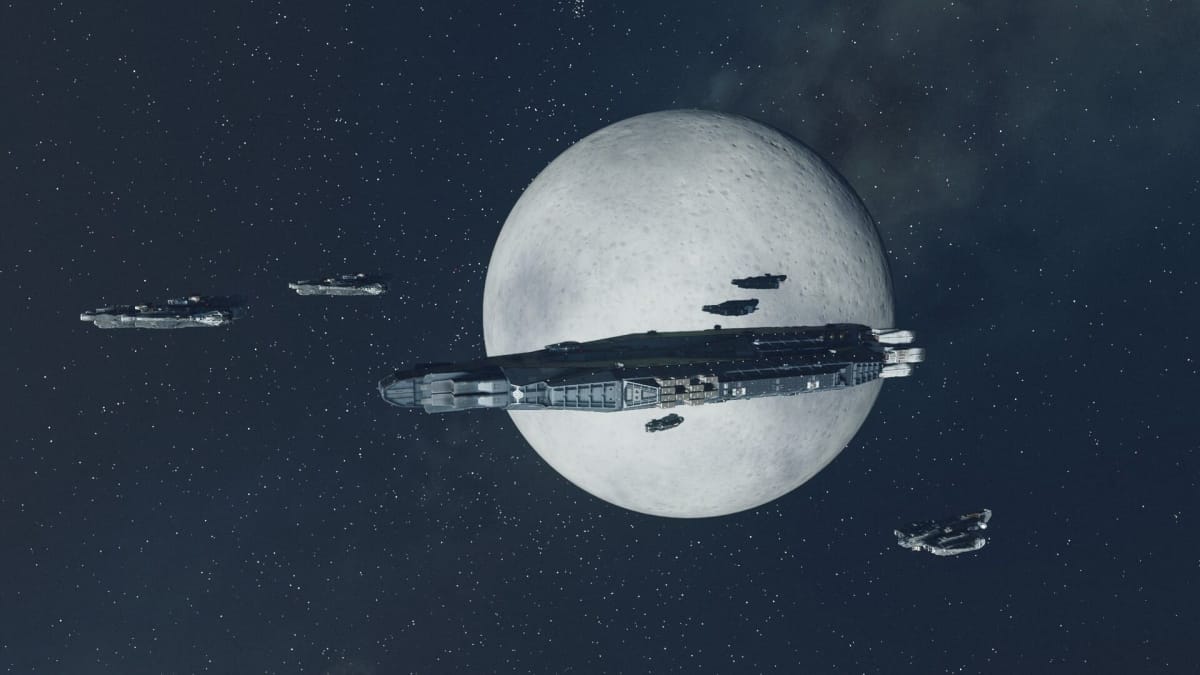 Image of a Cruiser In Front of A Moon In Starfield