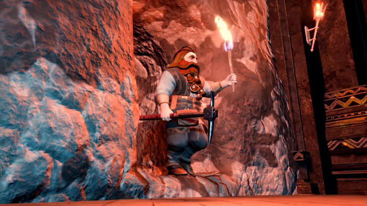A dwarf clutching a pickaxe and emerging from a rock tunnel in The Lord of the Rings: Return to Moria