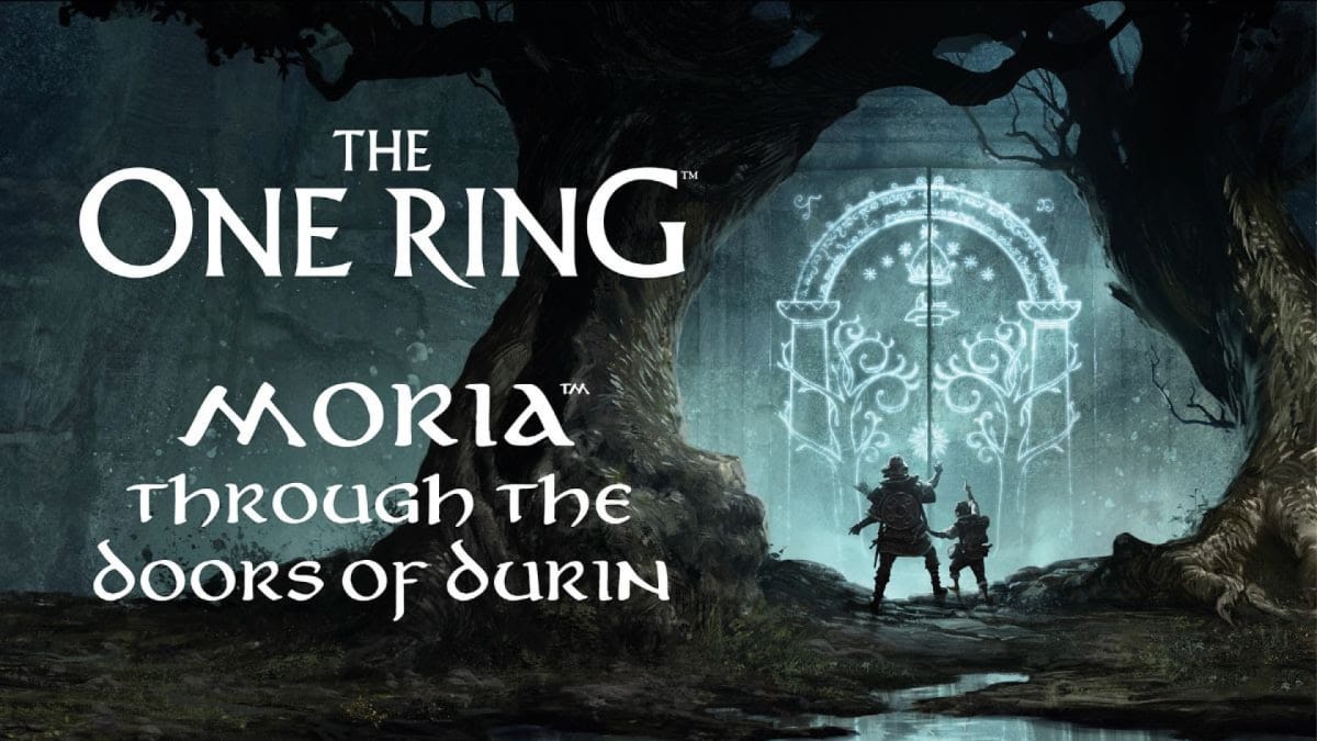 The title for The One Ring Moria – Through The Doors of Durin expansion, the title in front of a a stone wall glowing with runes