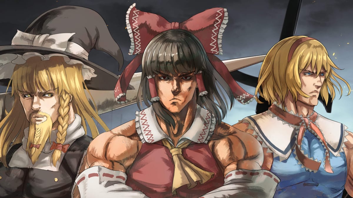 Key art for The Touhou Empires, depicting three extremely muscular men seemingly dressed as Touhou characters