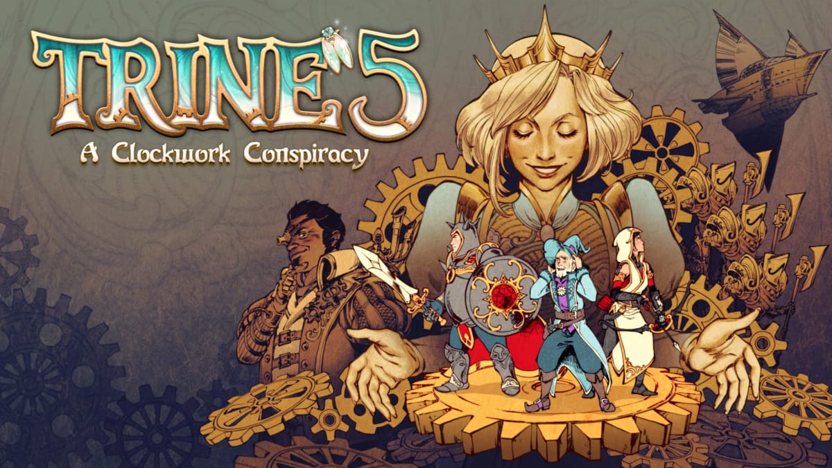 Key art for Trine 5, depicting the heroes Amadeus, Pontius, and Zoya as well as the villains of the game