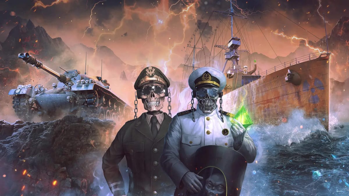 The Megadeth mascot Vic Rattlehead in two different outfits representing the Wargaming Megadeth crossover for World of Tanks and World of Warships