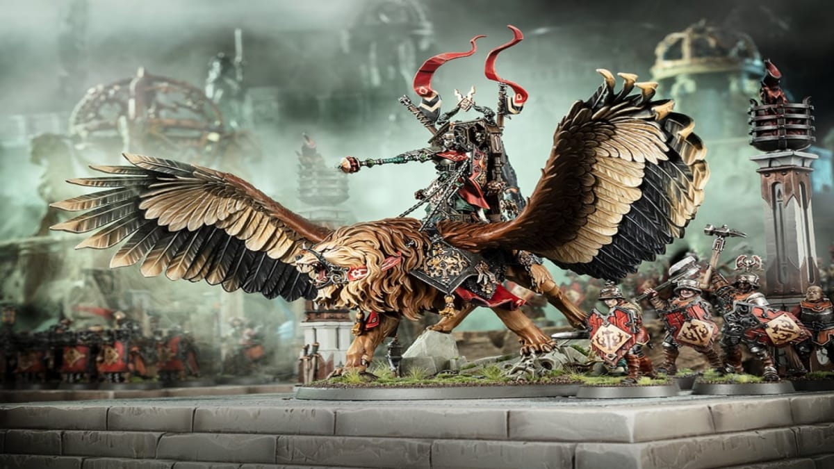 An image of the Cities of Sigmar commander, Tahlia Vedra, riding on top of her manticore, Infernadine.