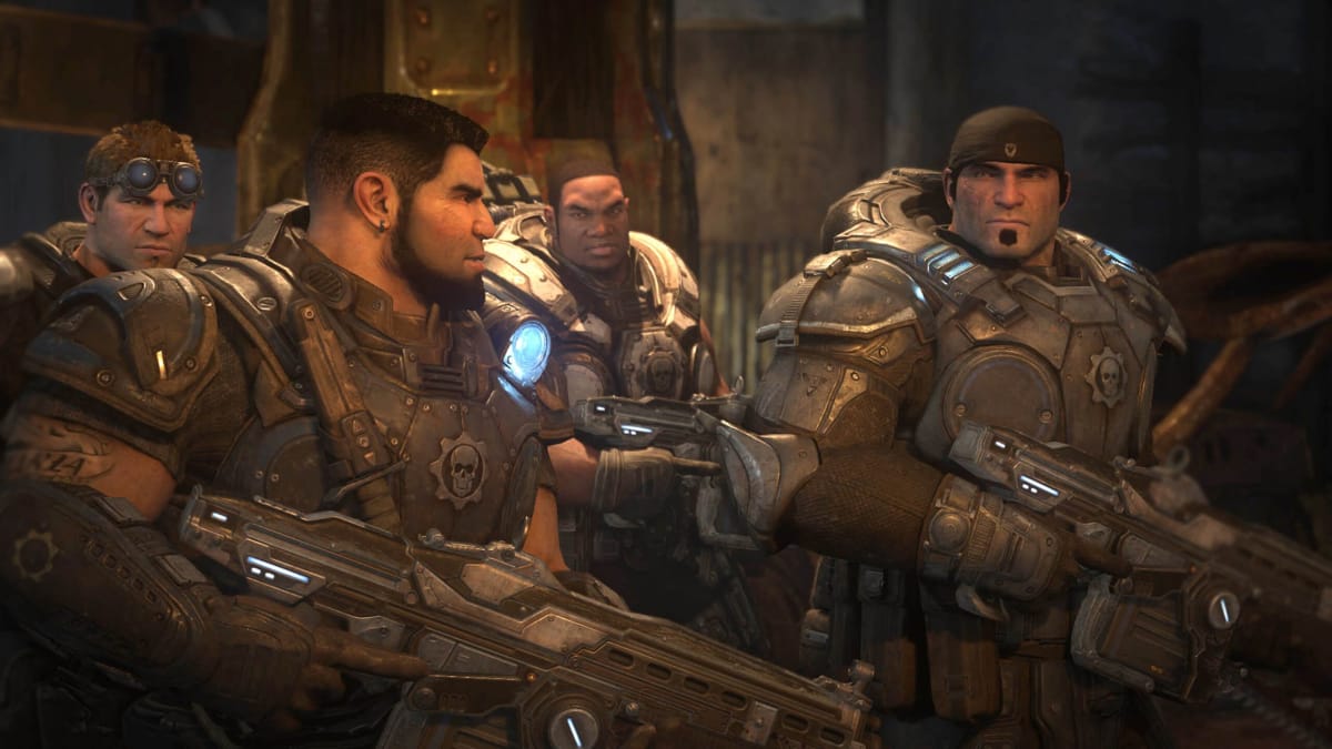 Marcus, Dom, Cole, and Baird from Gears of War: Ultimate Edition, which is a remaster of the Xbox 360 game Gears of War