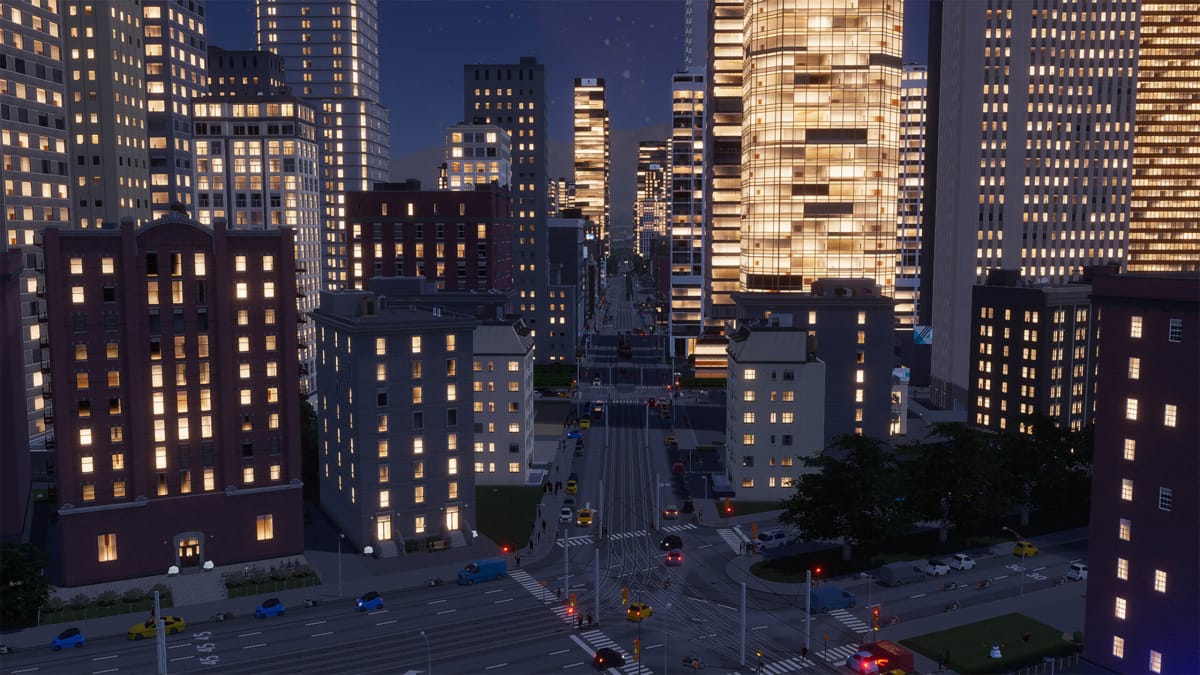 A cityscape at nighttime in Cities: Skylines 2 (the Steam version of the game was used for this screenshot)