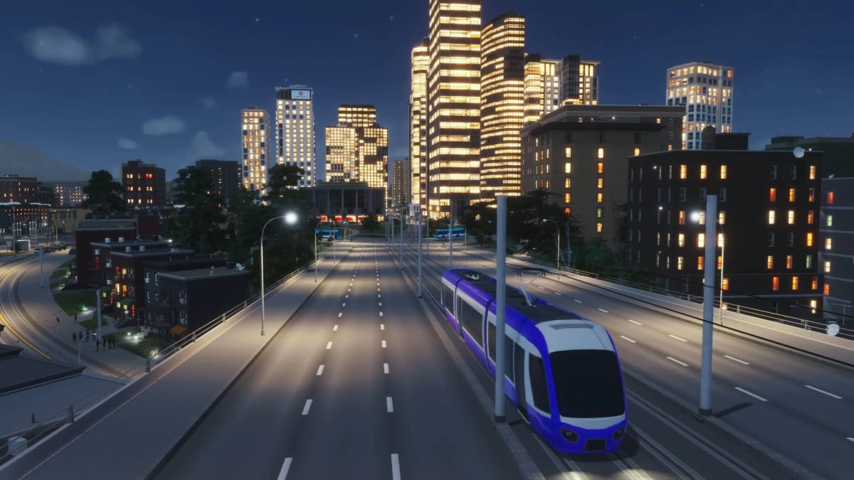 Cities Skylines 2 Tram with Cityscape